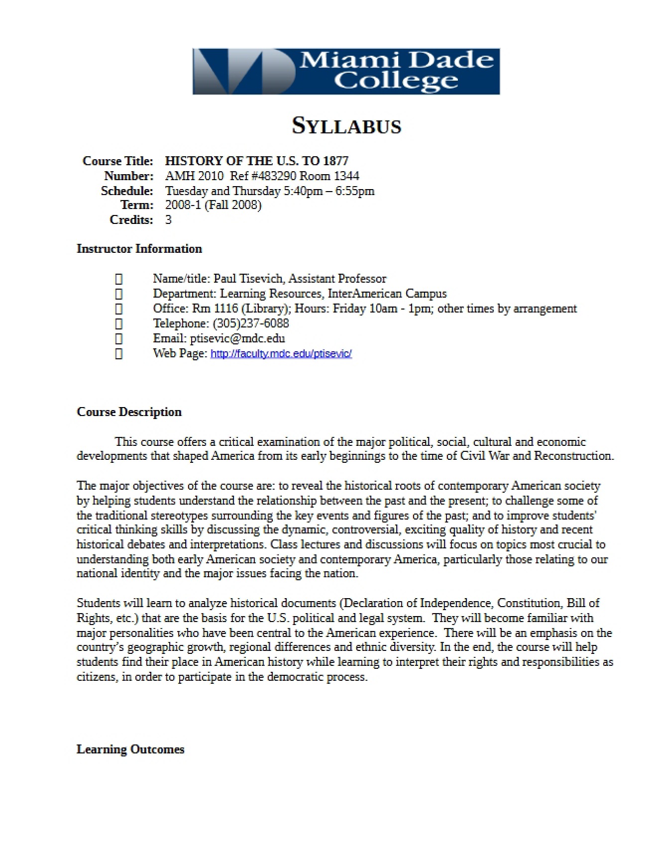 US History to 1877 Syllabus