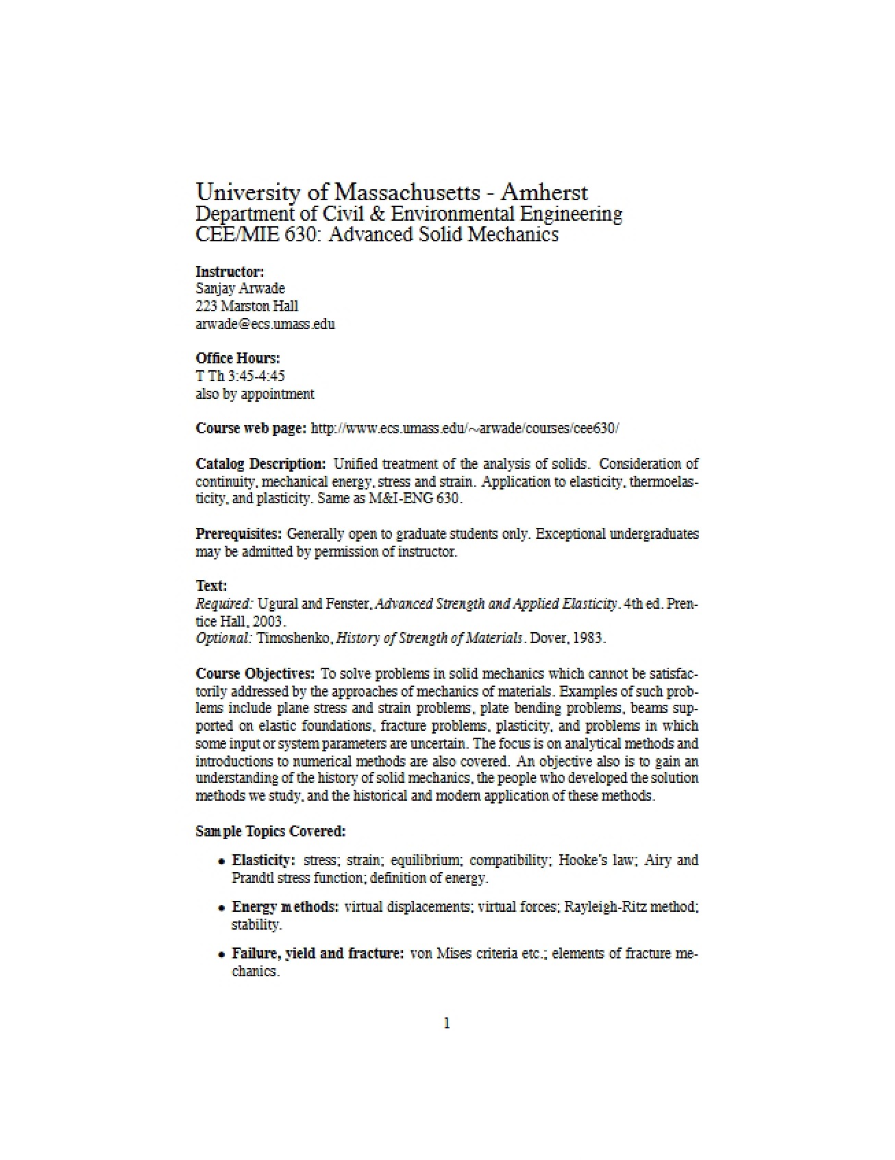 Syllabus for Advanced Solid Mechanics