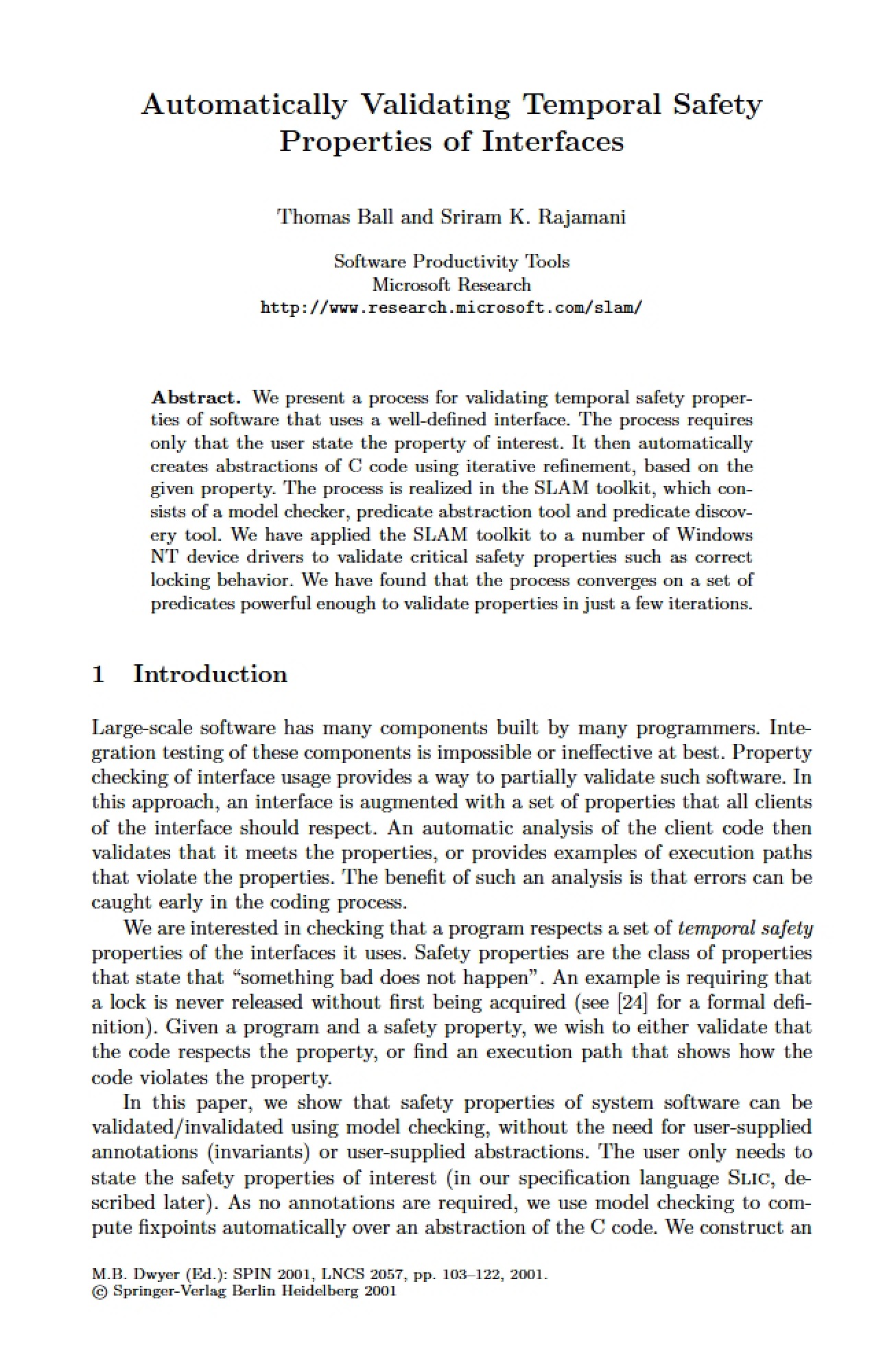 Validating Temporal Safety Properties of Interfaces Automatically