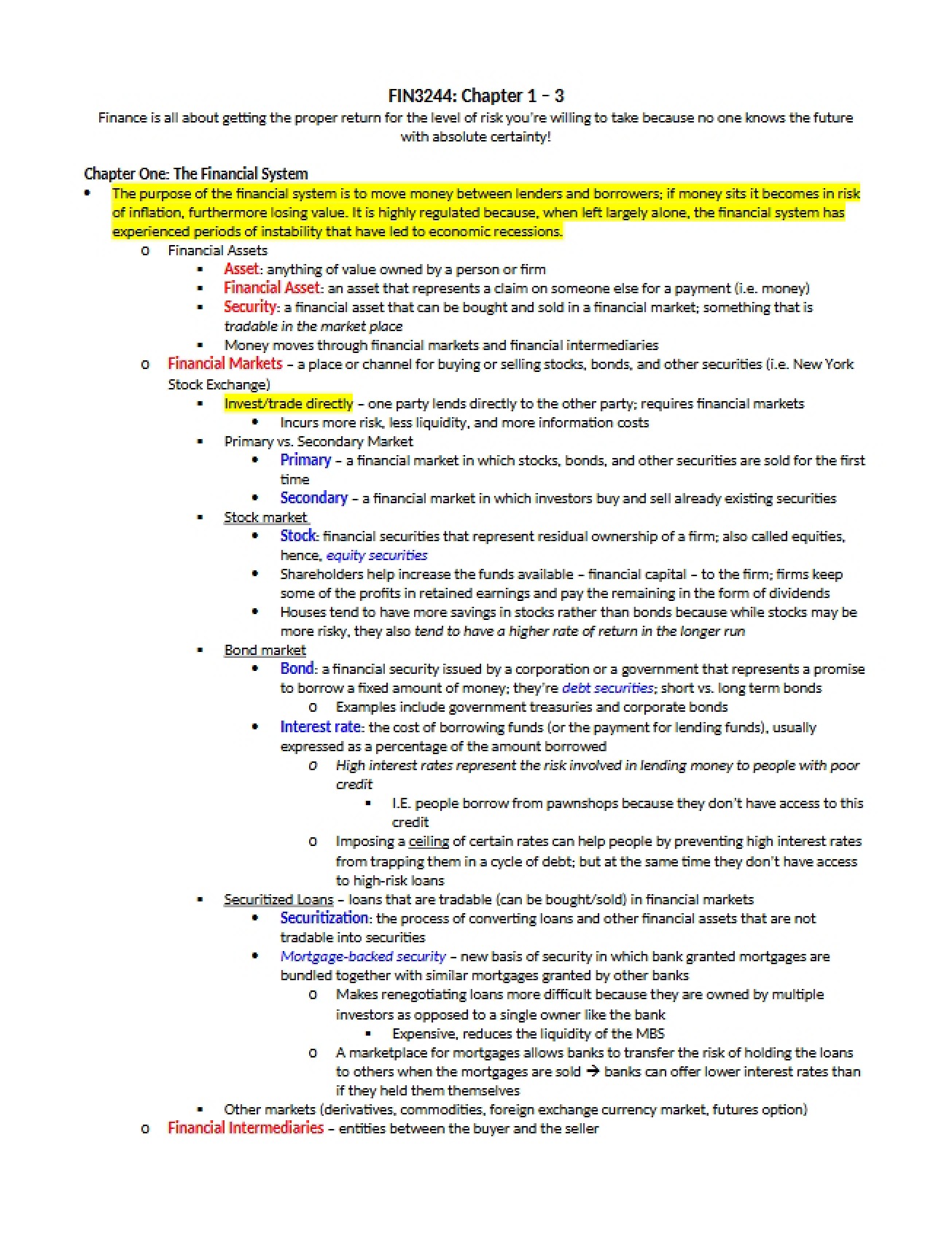 Financial System Explained in Chapter One