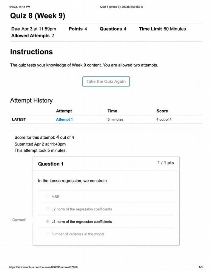 Week 9 Quiz - Ridge and Lasso Regression
