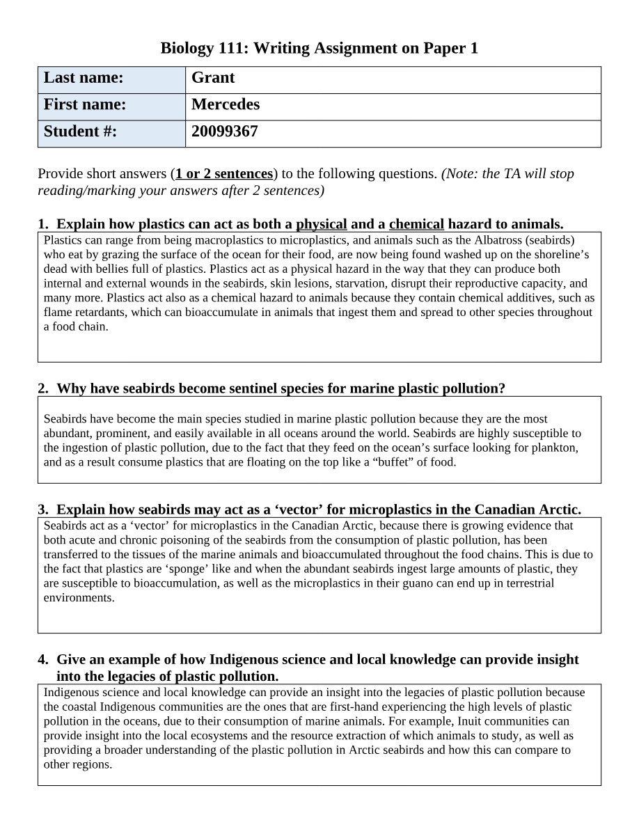 Paper 1 Writing Assignment for Biology 111