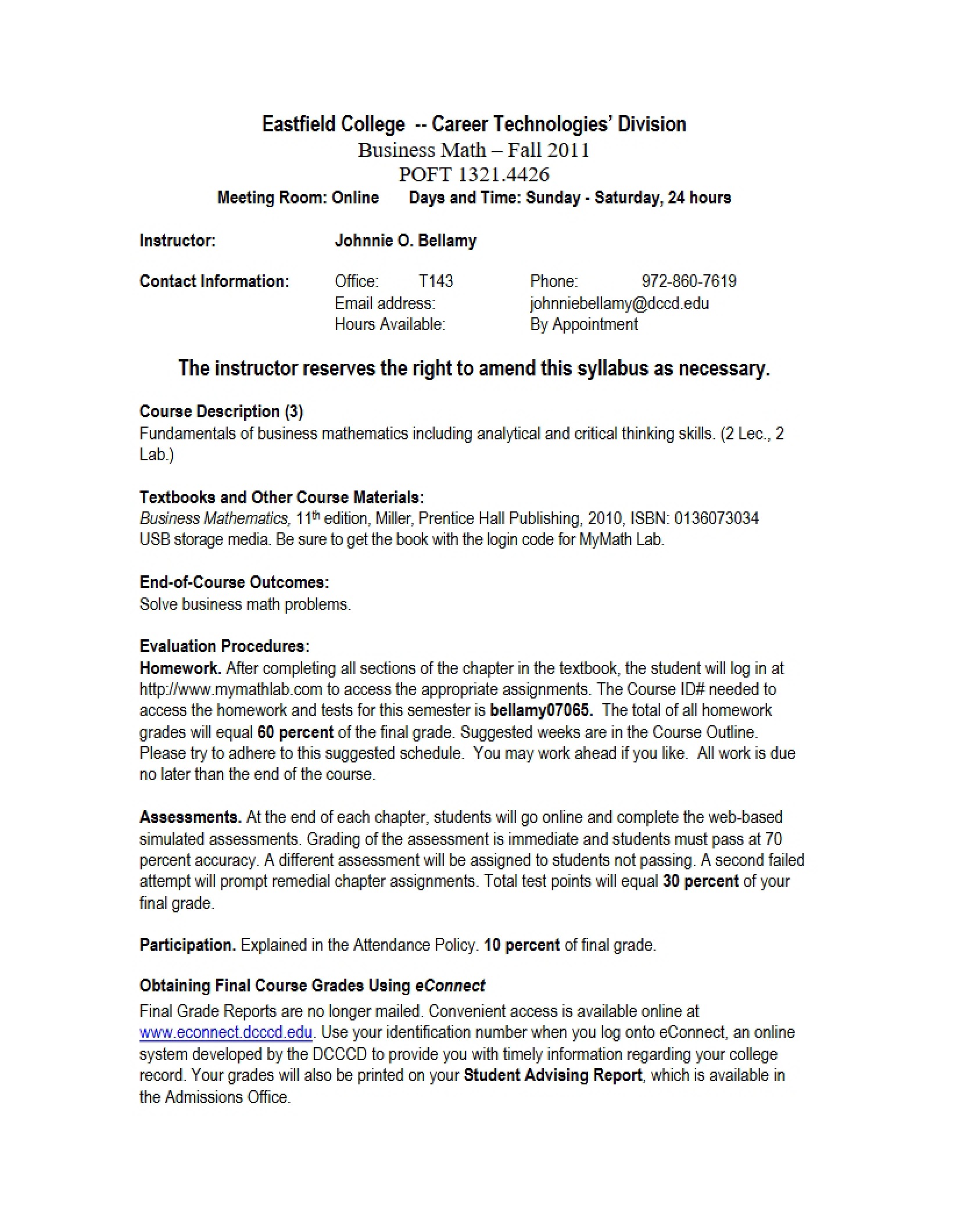 Business Math Course Syllabus