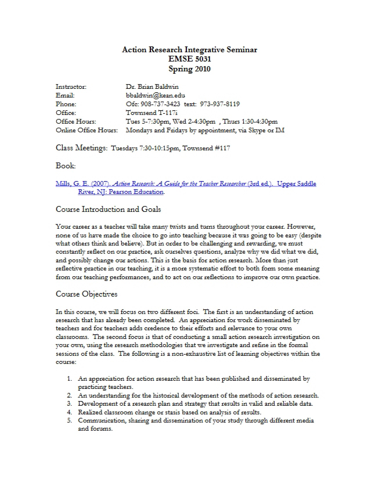 Syllabus for an Action Research and Integrative Seminar Course from the Spring