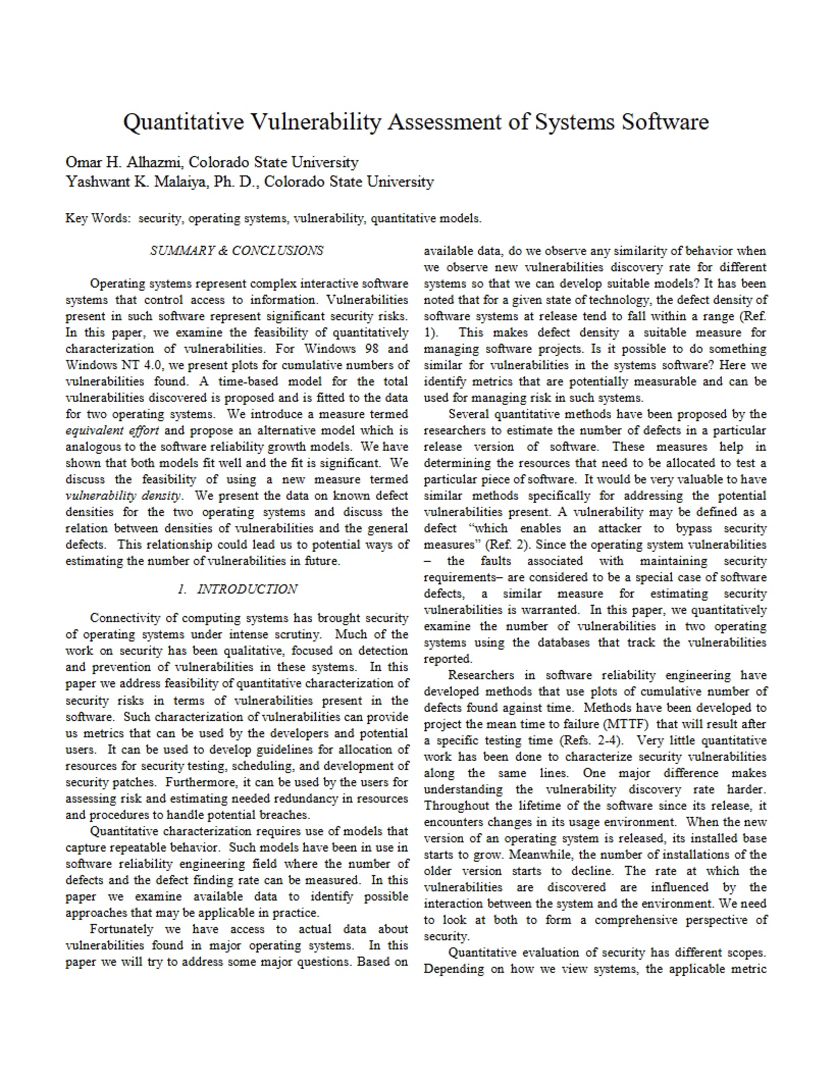 Systems Software Vulnerability Assessment