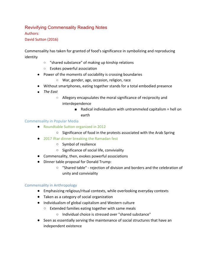 Reading Notes on Revivifying Commensality