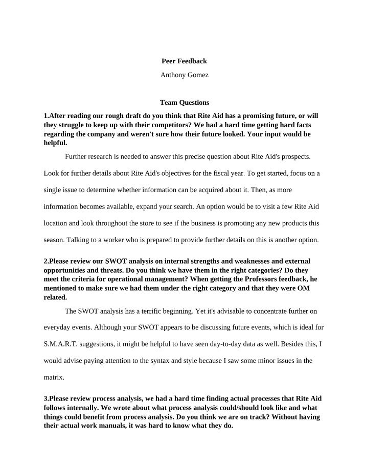 Rite Aid - SWOT Analysis and Peer Feedback