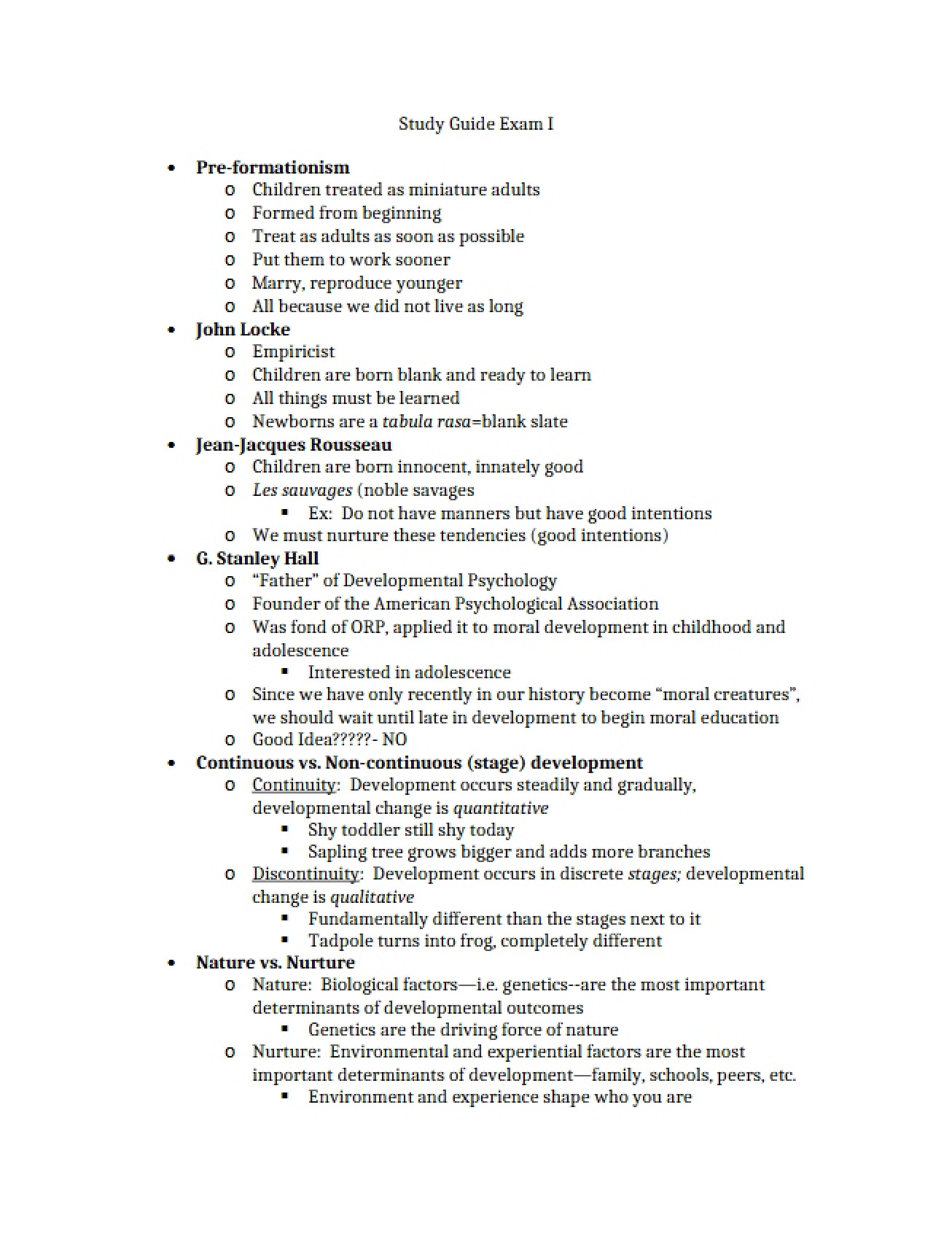 Study Guide for the First Exam in Developmental Psychology