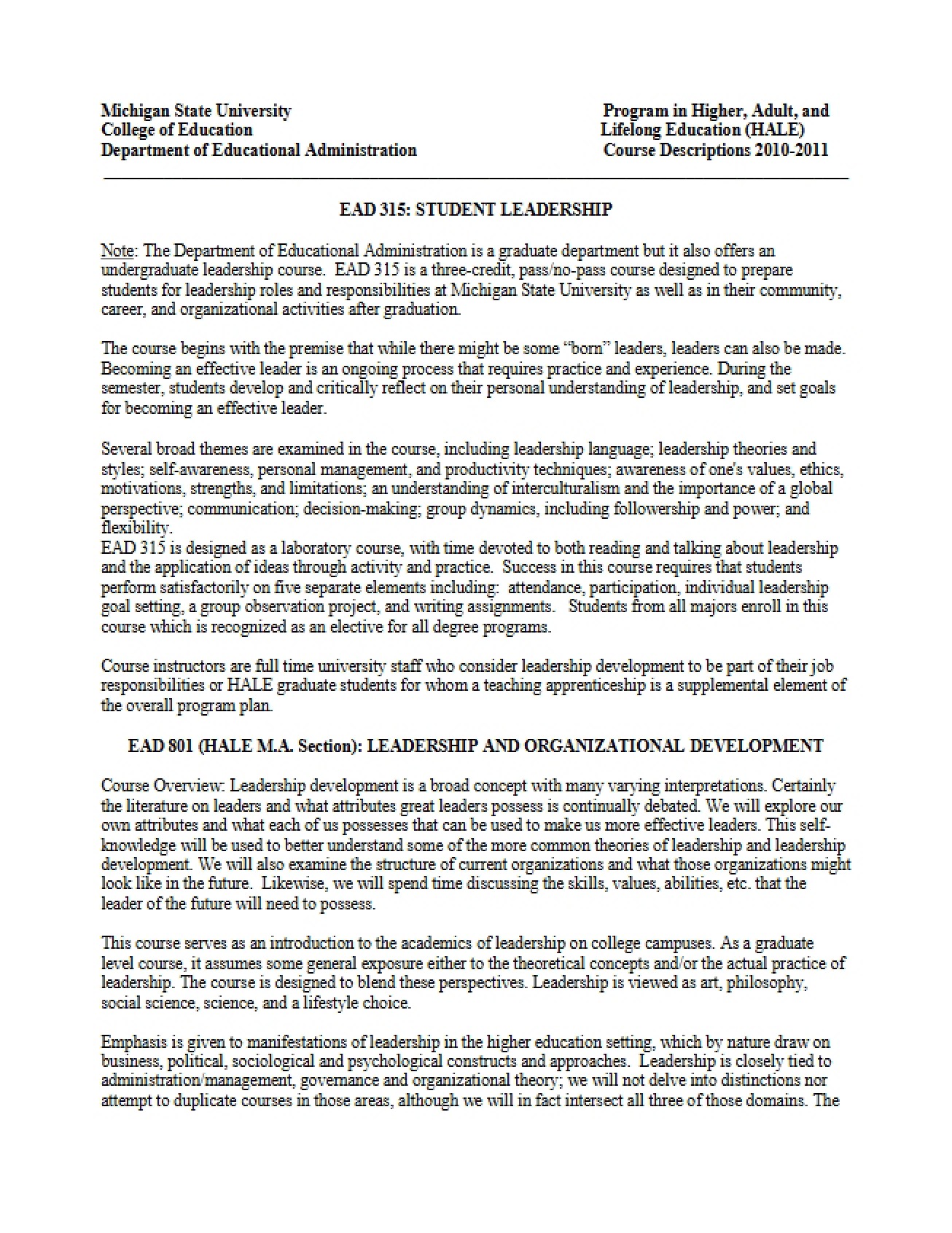 HALE Course Catalog 2010-2011
