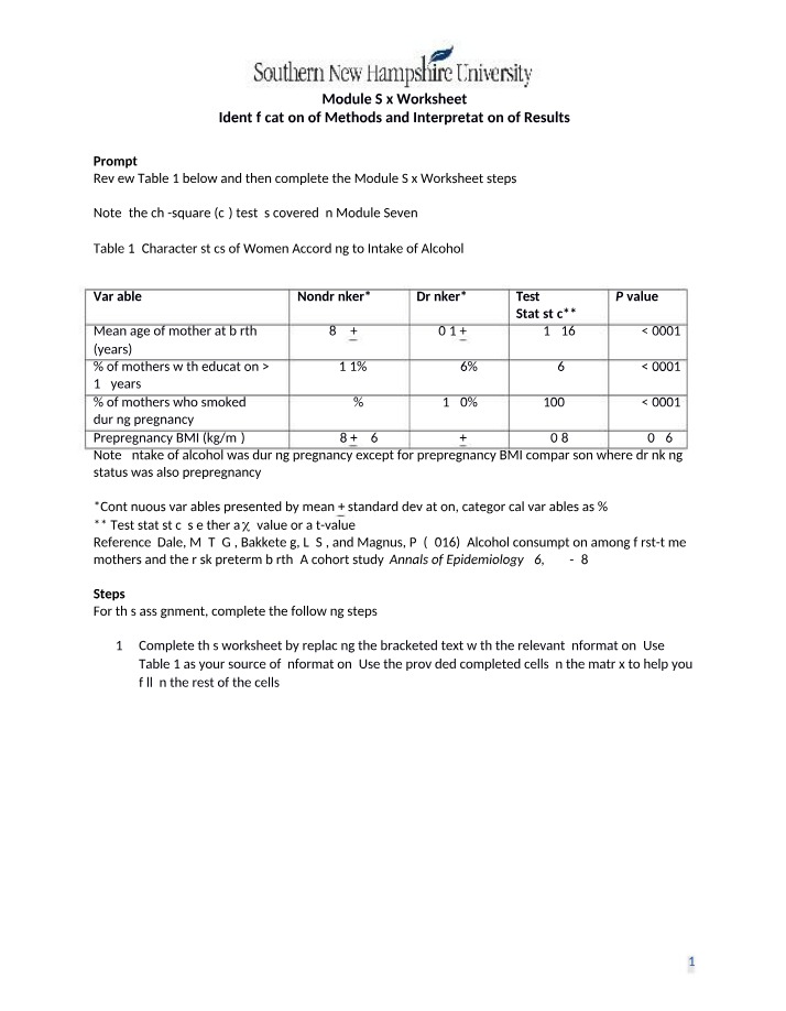 Worksheet for Module Six