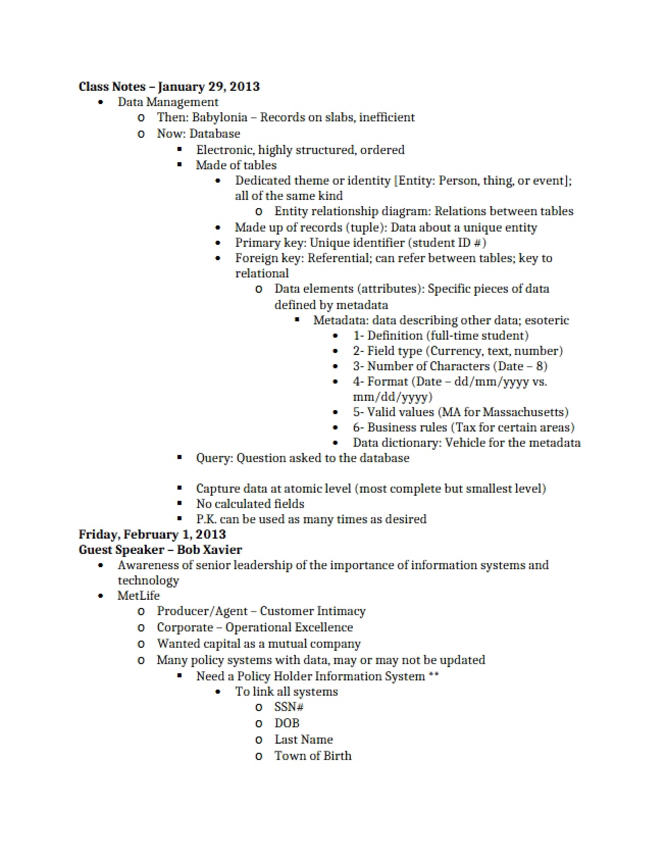 Notes from MIS Lectures