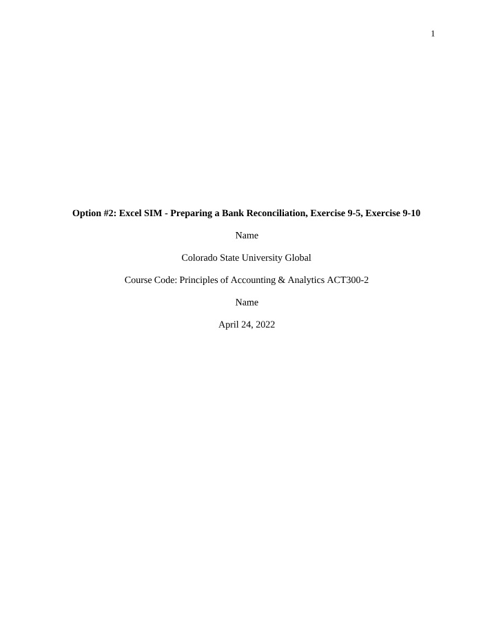 Bank Reconciliation - Exercise 9-5 and 9-10