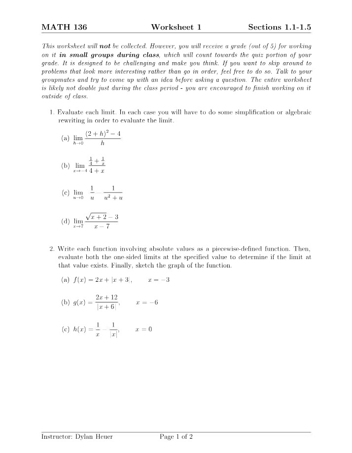 Calculus Worksheet 1