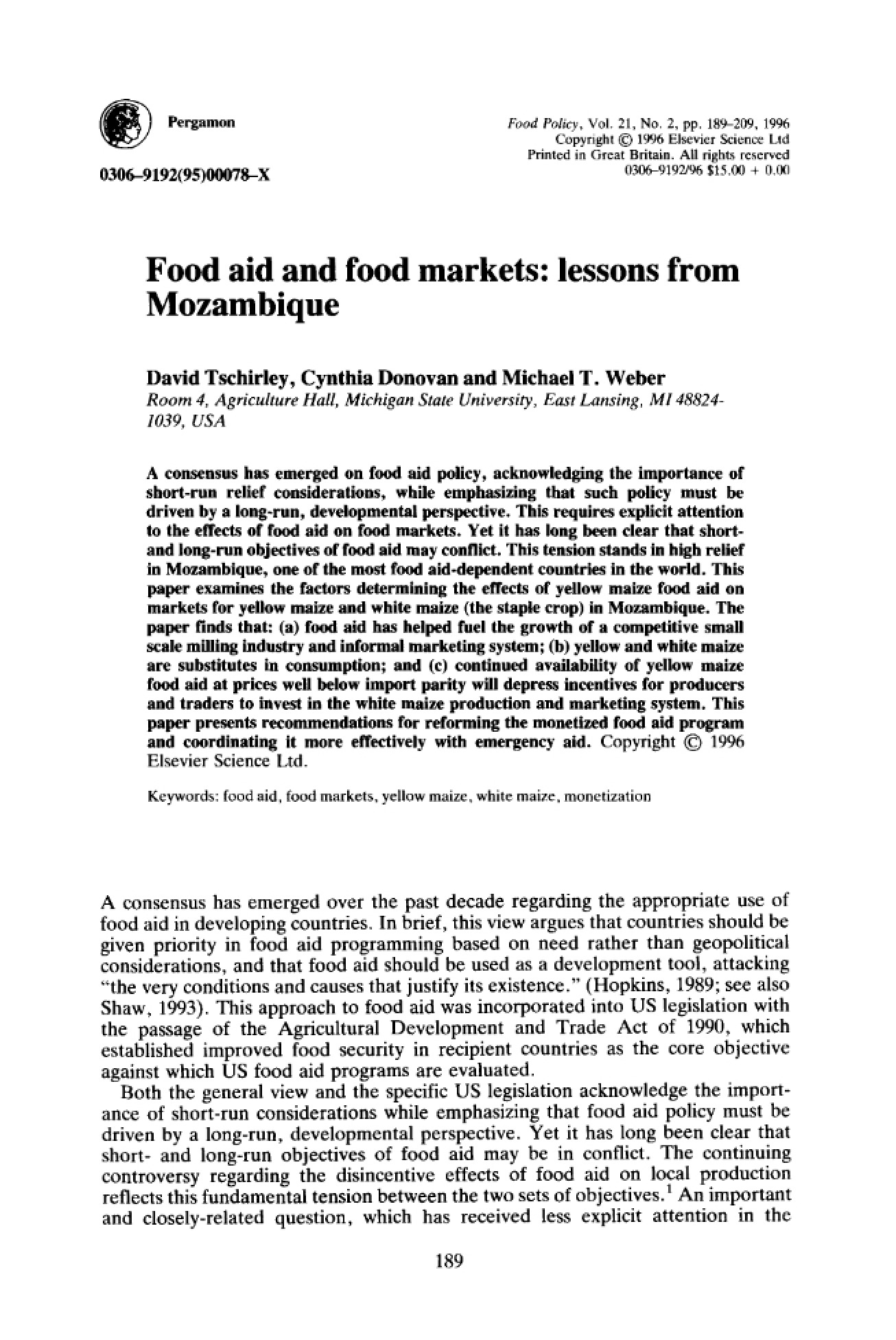 Mozambique Lessons Food Markets and Aid