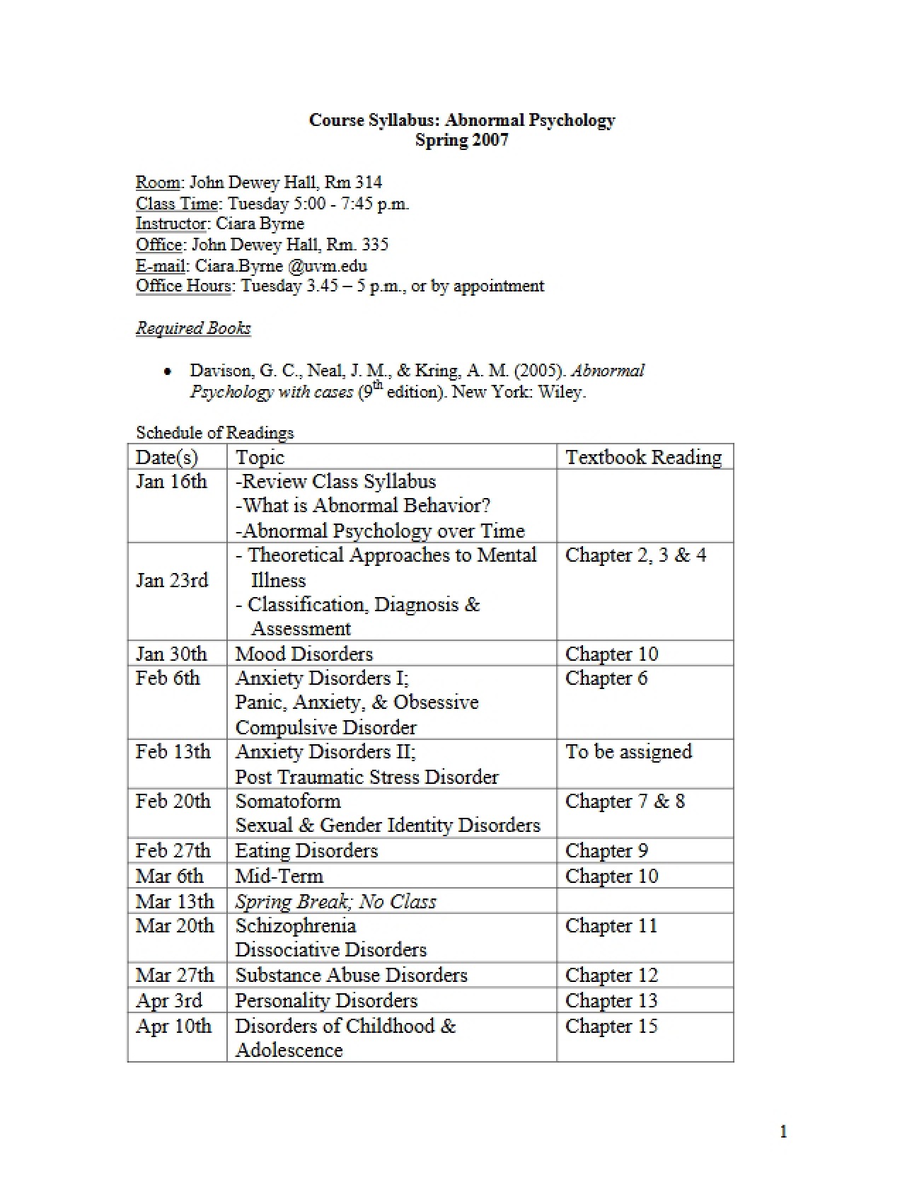 Course Outline Abnormal Psychology
