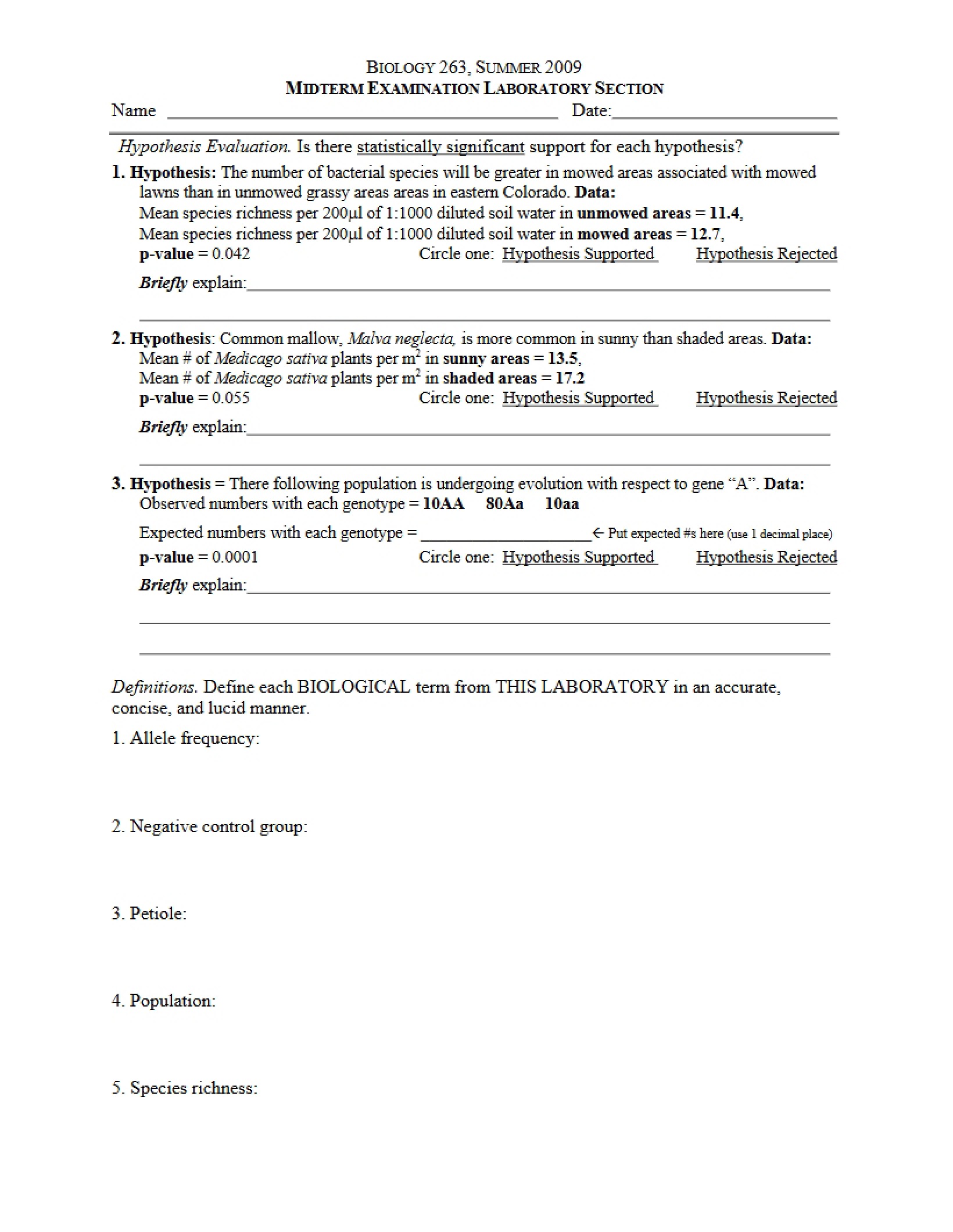 Organismic Biology Lab Examination - 3 Pages