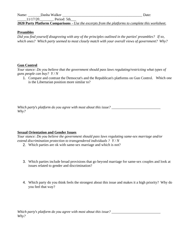 Worksheet on 2020 Party Platform Comparisons