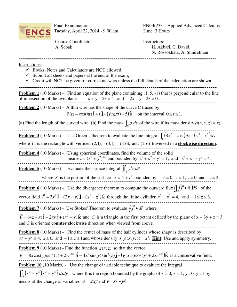 ENGR 233 Final Examination - Applied Advanced Calculus