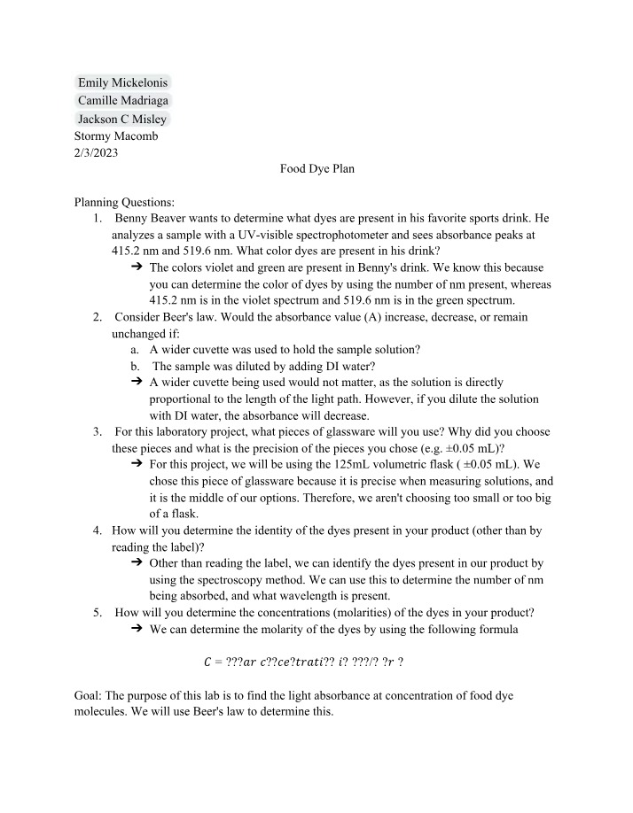 UV-Visible Spectrophotometry Study - Food Dye Plan A
