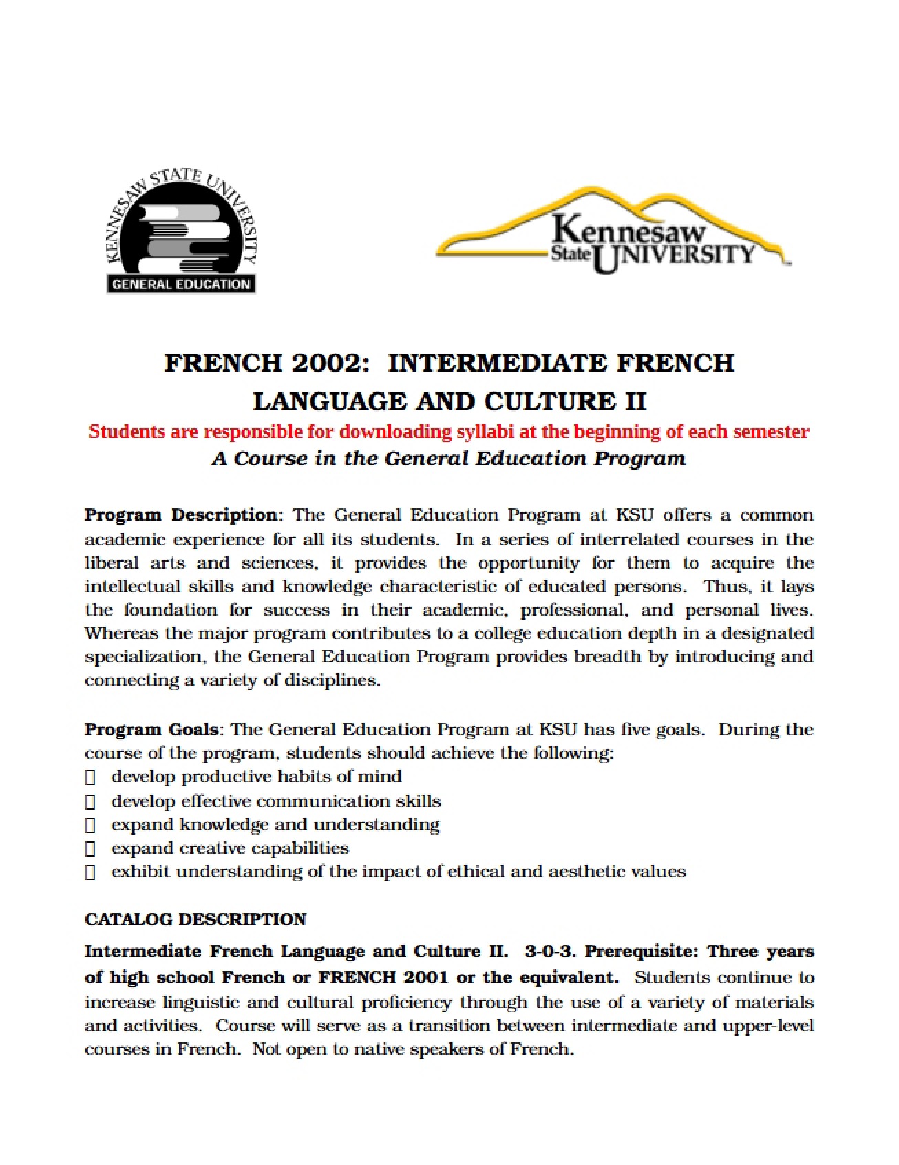 Course Outline for French Intermediate Two - Intermediate French II