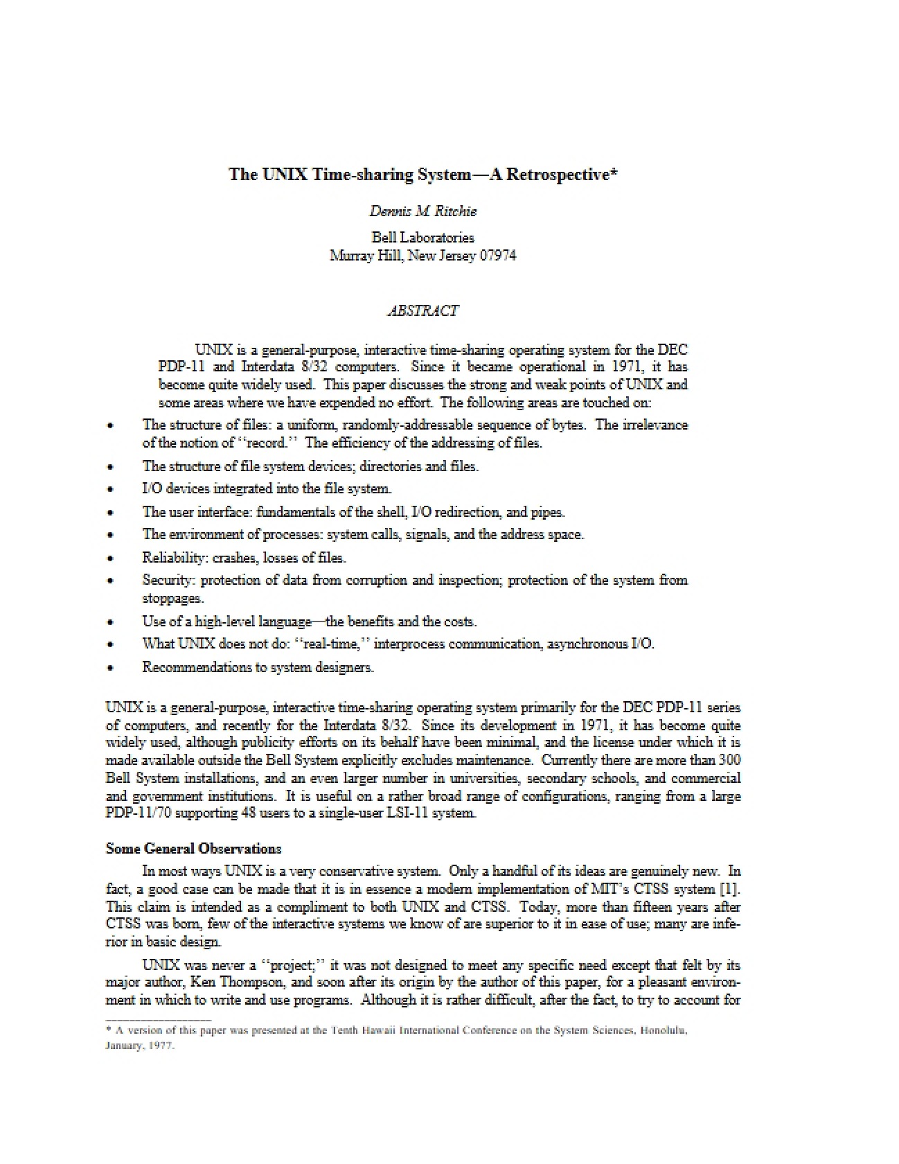 UNIX: Time-sharing System Analysis
