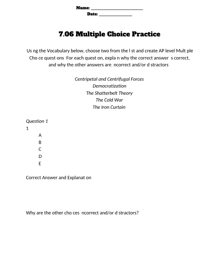 AP Practice Questions - Shatterbelt, Cold War, and Centripetal Forces