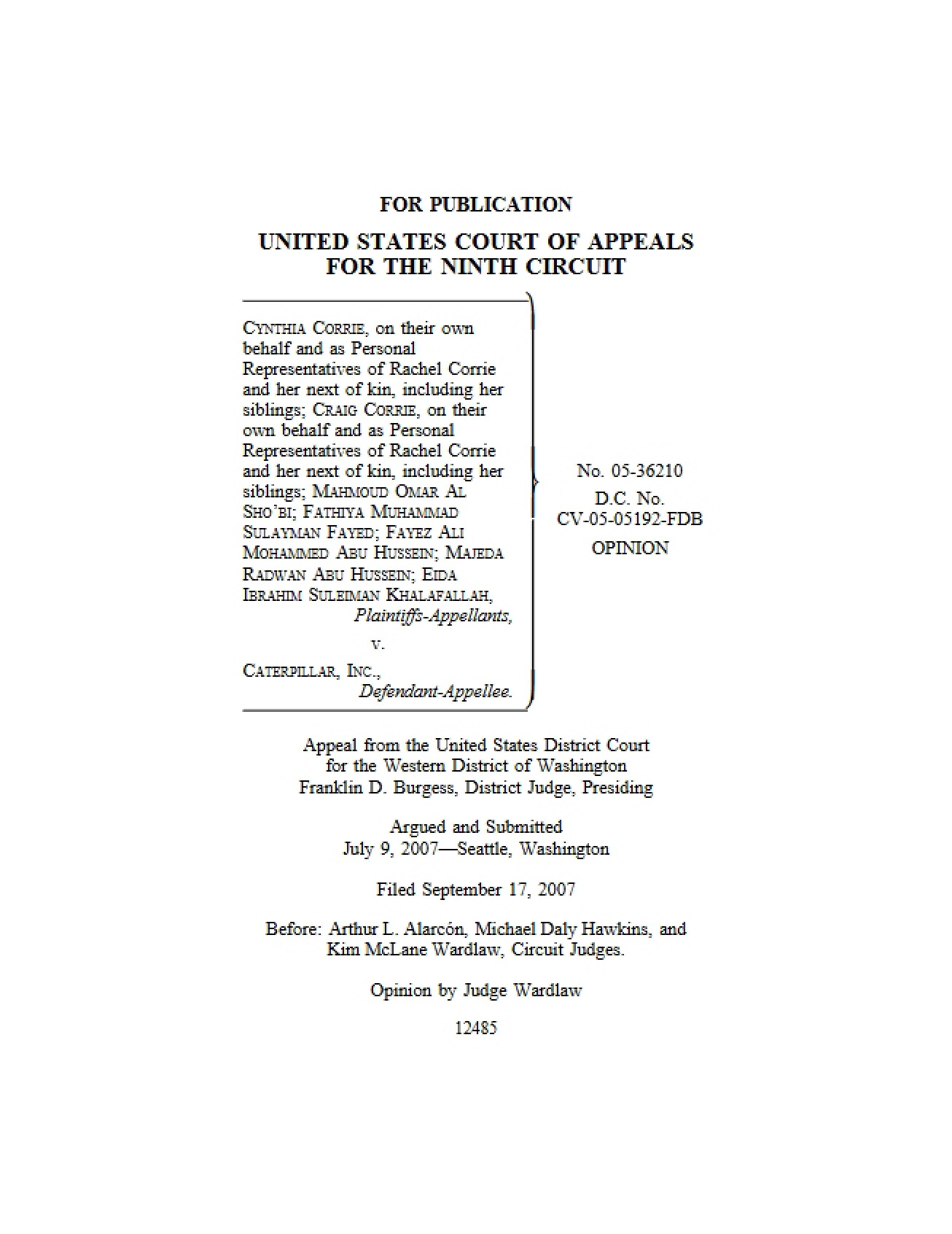 9th Cir 2007 Corrie v Caterpillar (Israeli Forces)