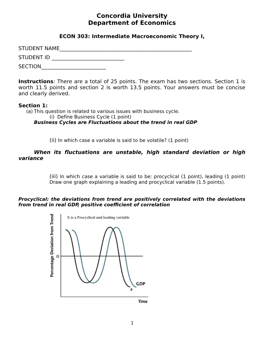 Intermediate Macroeconomic Theory I Exam - ECON 303