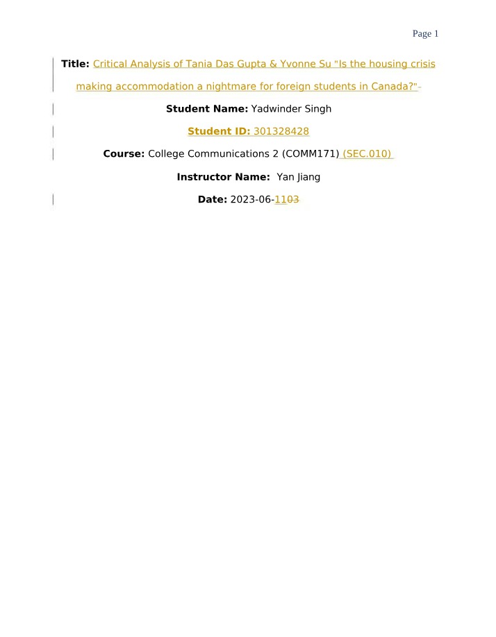 Critical Analysis - International Student Housing Crisis in Canada