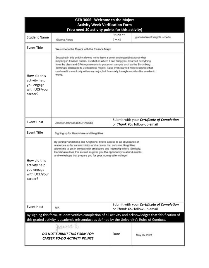 Week Activity Verification Form - GEB 3006