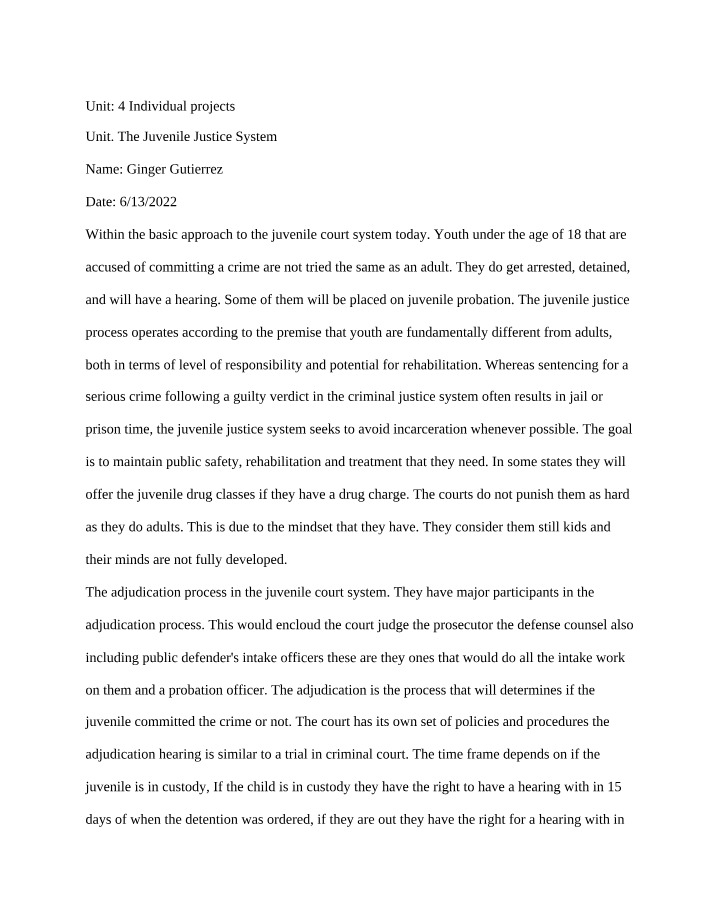 The Juvenile Justice System - Unit 4 Individual Project