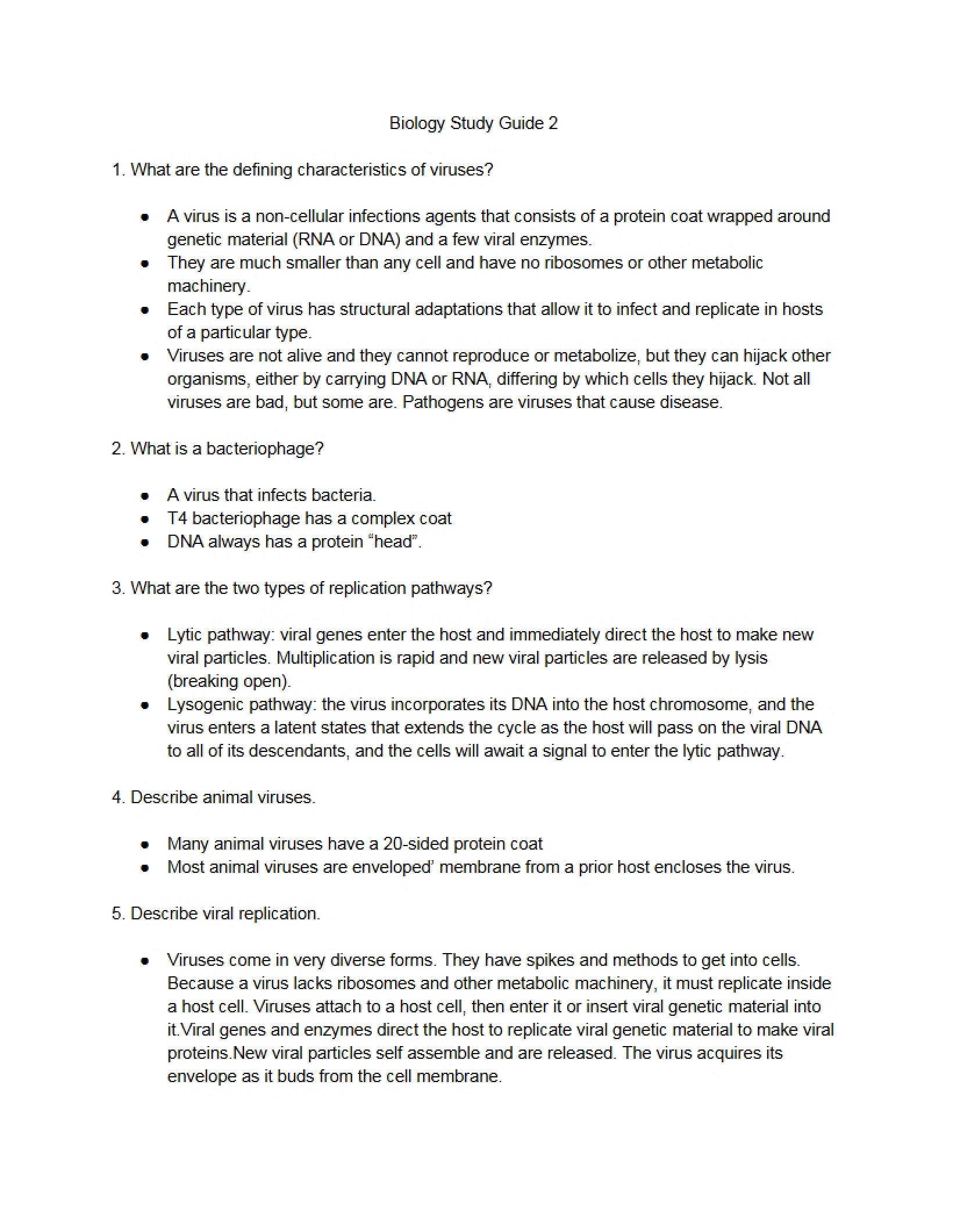 Study Guide 2 for Biology