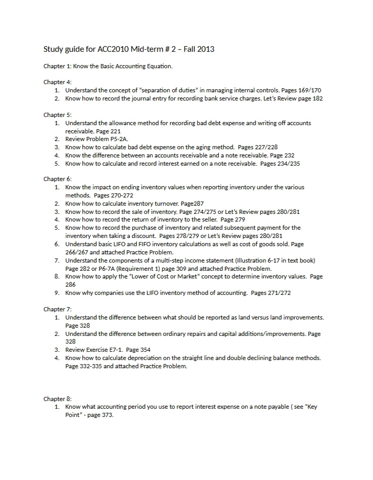 Fall 2013 Midterm 2 Study Guide (WSU)