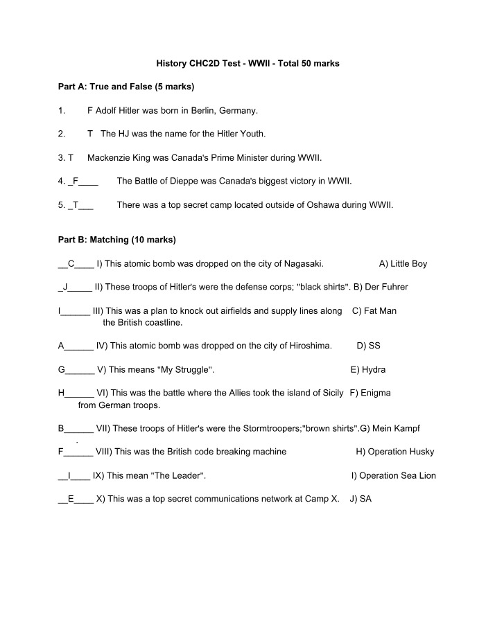 World War II Test - Adolf Hitler, Battle of Dieppe, and D-Day