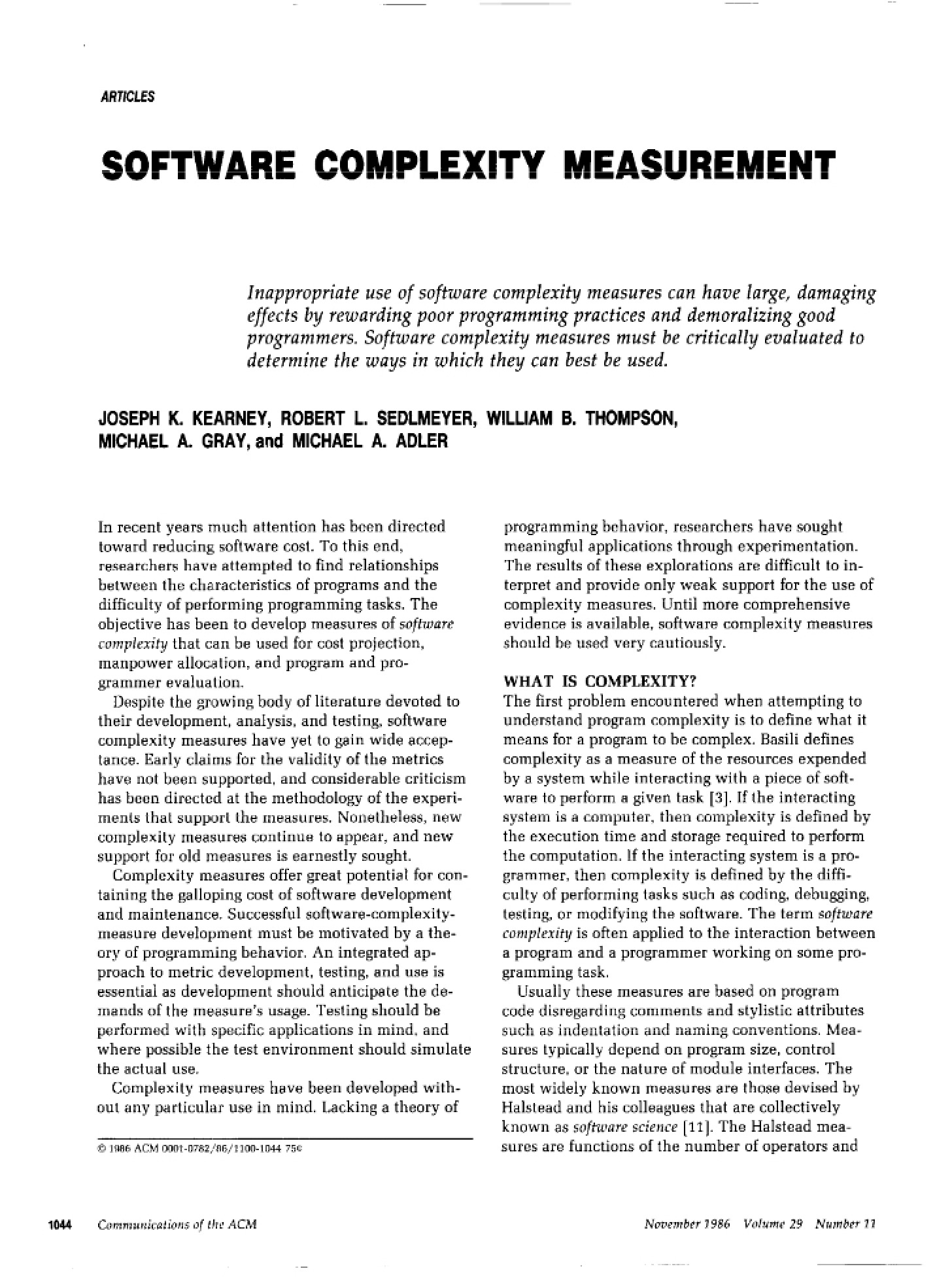Measurement of Software Complexity