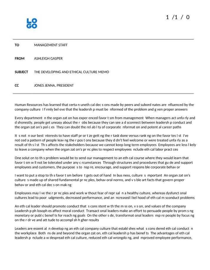 Memo on Developing an Ethical Culture