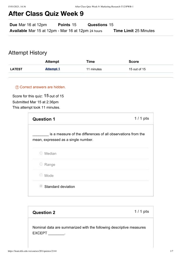 Marketing Research Quiz - Week 9 After Class