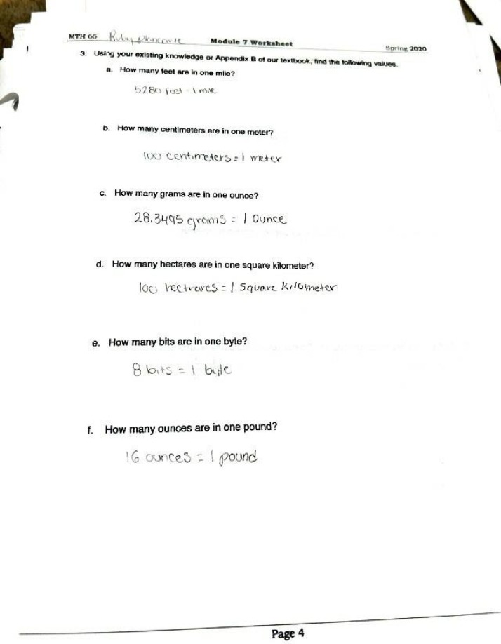 Worksheet for MTH 65 Module 7