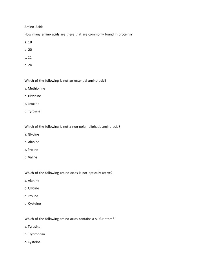 Amino Acids and Proteins - Multiple Choice Questions
