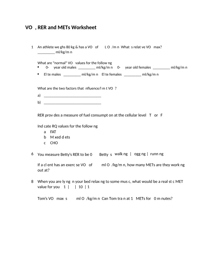 Worksheet on VO2, RER, and METs