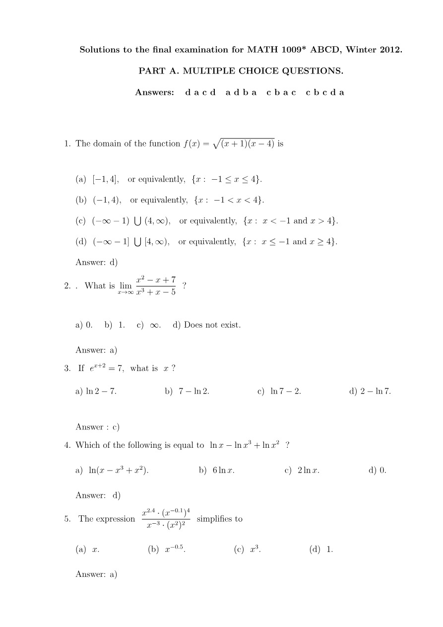 Winter 2012 Final Exam Solutions - MATH 1009