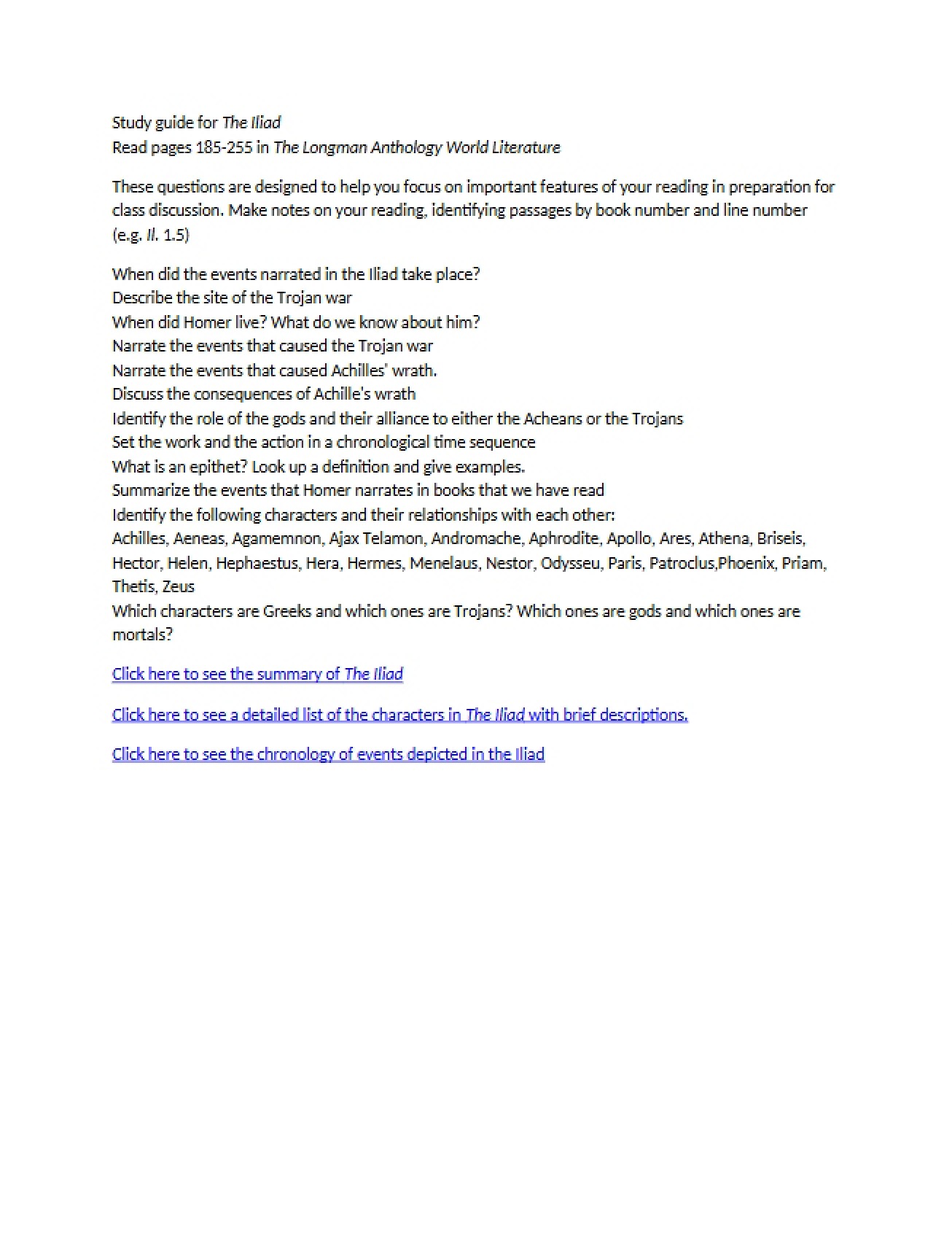 Study Guide for The Iliad - World Literature