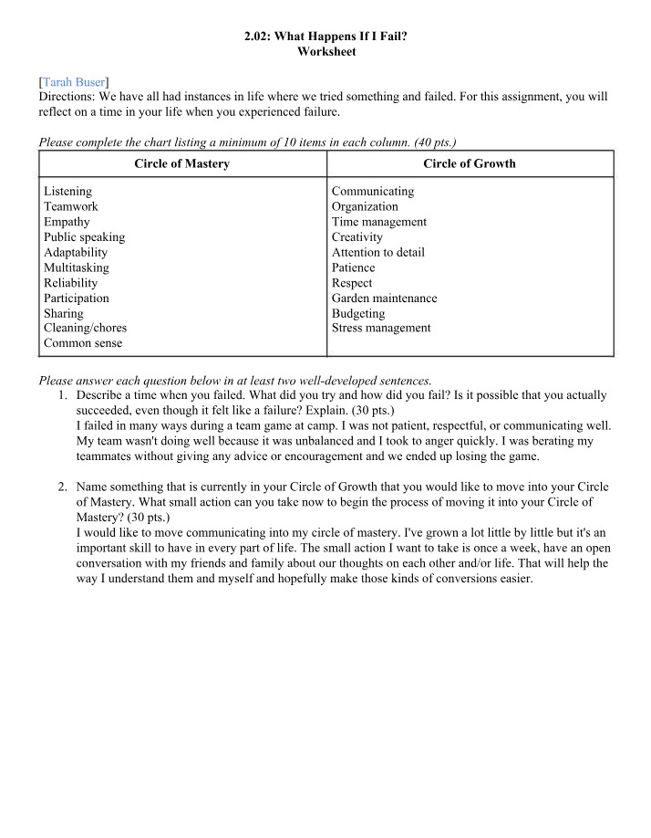Failure Reflection Worksheet