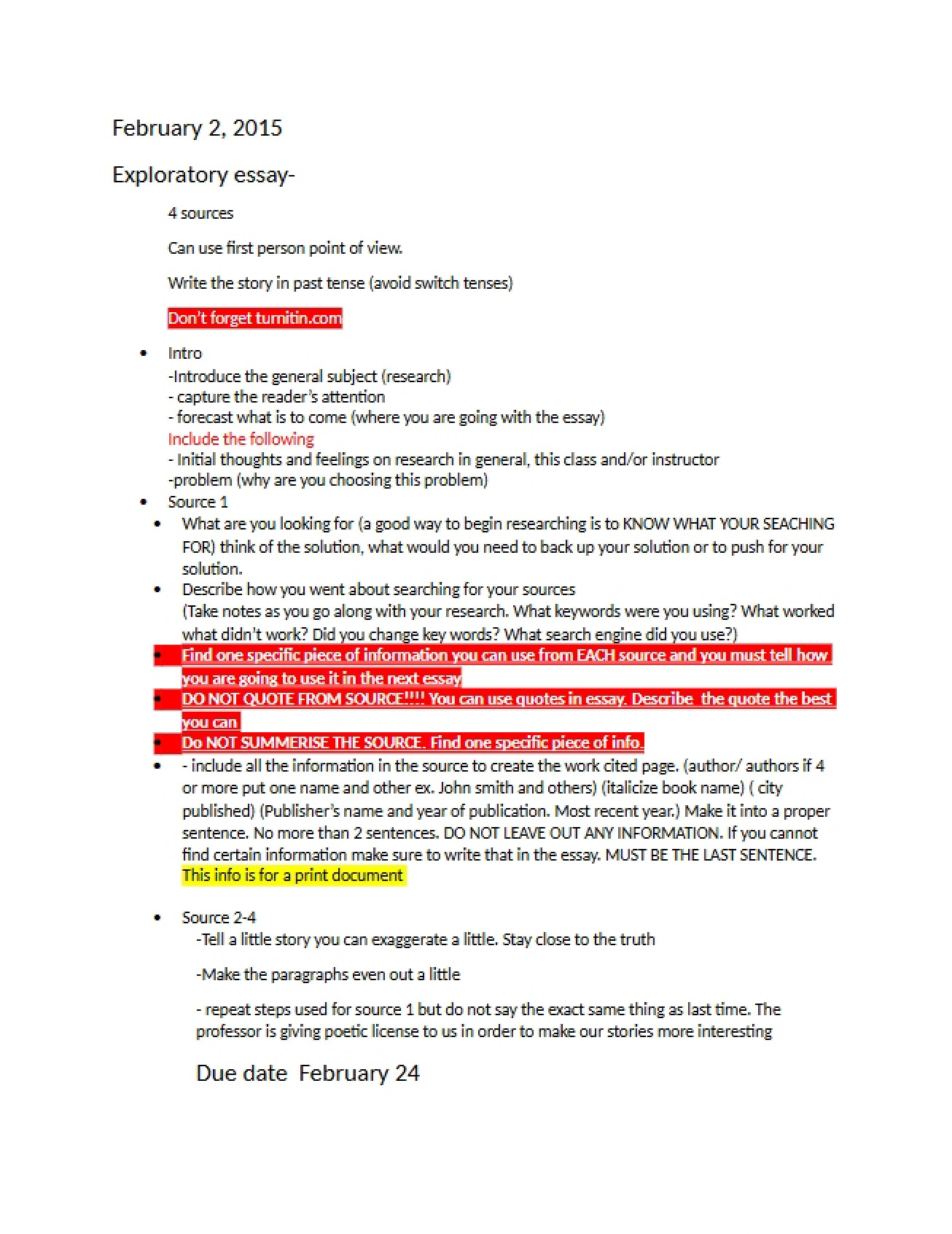 Directions for the Exploratory Essay