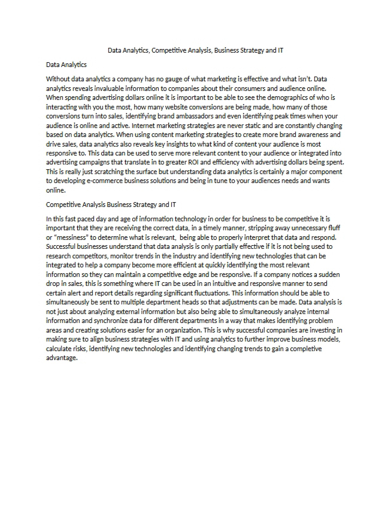 Business Strategy, IT, and Competitive Analysis with Data Analytics