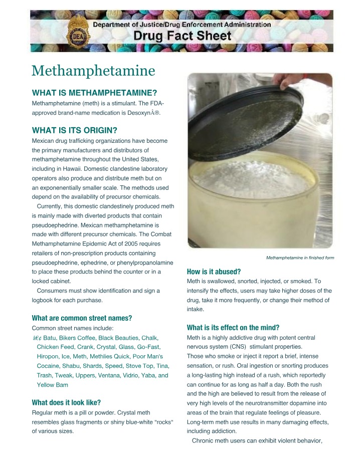 Fact Sheet on Methamphetamine Effects and Dangers