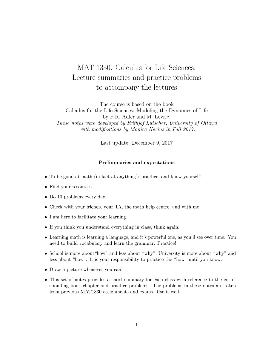 MAT1330 - Lecture Summaries and Practice Problems