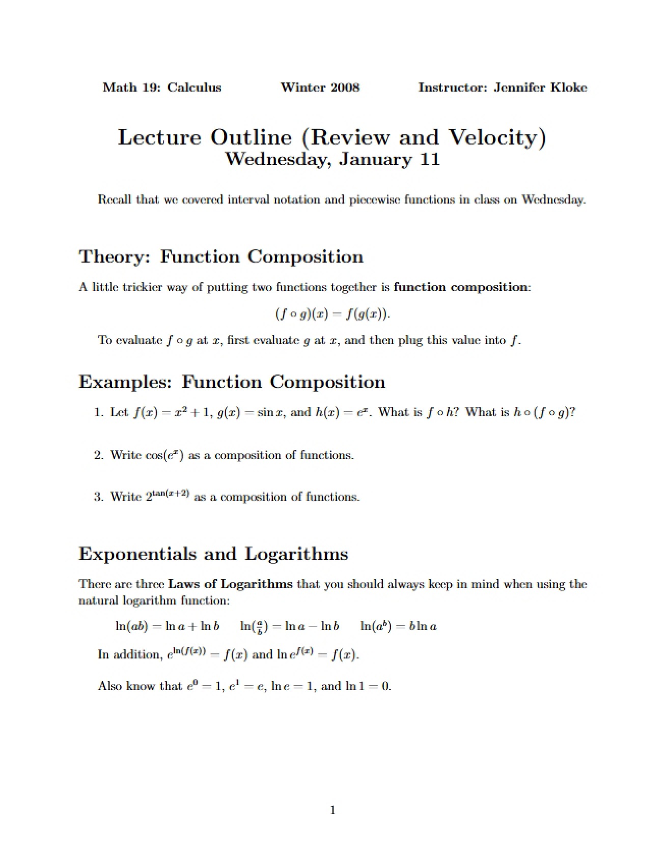 Review of Velocity and Calculus Concepts