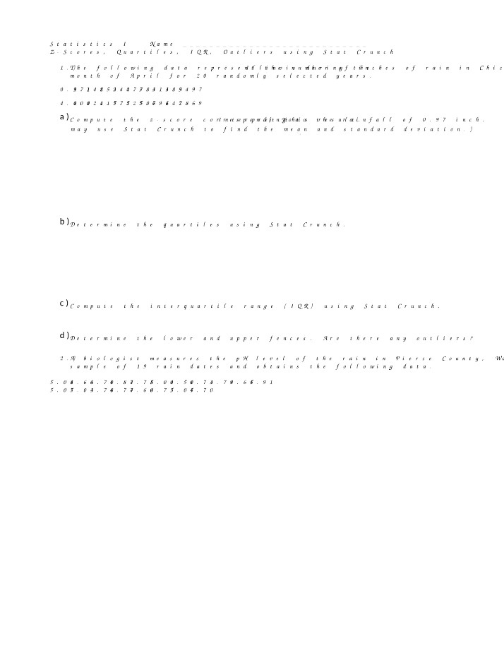 z-scores, quartiles, IQR, and outliers Worksheet