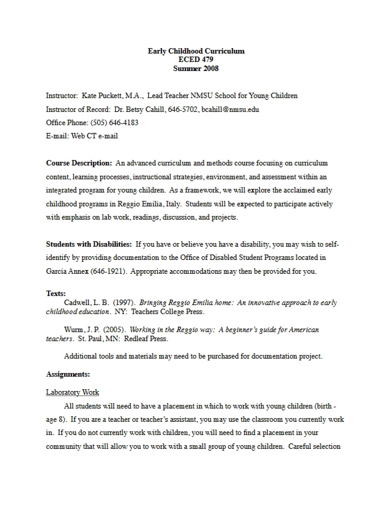 Description of a Course on Curriculum in Early Childhood